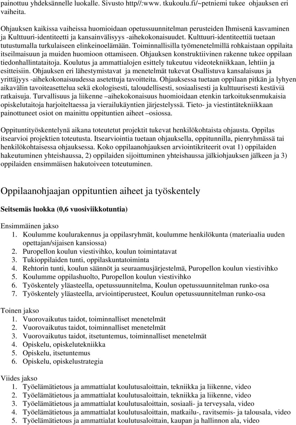 Kulttuuri-identiteettiä tuetaan tutustumalla turkulaiseen elinkeinoelämään. Toiminnallisilla työmenetelmillä rohkaistaan oppilaita itseilmaisuun ja muiden huomioon ottamiseen.