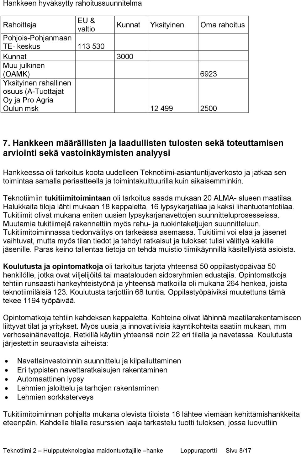 Hankkeen määrällisten ja laadullisten tulosten sekä toteuttamisen arviointi sekä vastoinkäymisten analyysi Hankkeessa oli tarkoitus koota uudelleen Teknotiimi-asiantuntijaverkosto ja jatkaa sen
