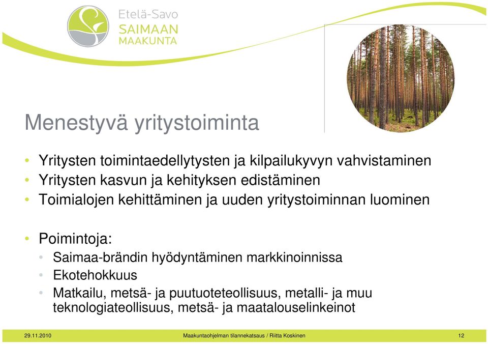Saimaa-brändin hyödyntäminen markkinoinnissa Ekotehokkuus Matkailu, metsä- ja puutuoteteollisuus, metalli-