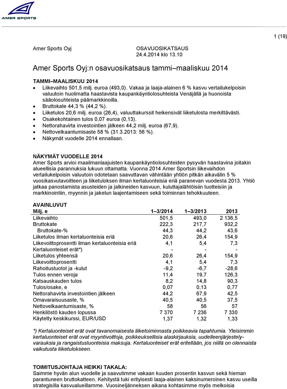 Liiketulos 20,6 milj. euroa (26,4), valuuttakurssit heikensivät liiketulosta merkittävästi. Osakekohtainen tulos 0,07 euroa (0,13). Nettorahavirta investointien jälkeen 44,2 milj. euroa (67,9).