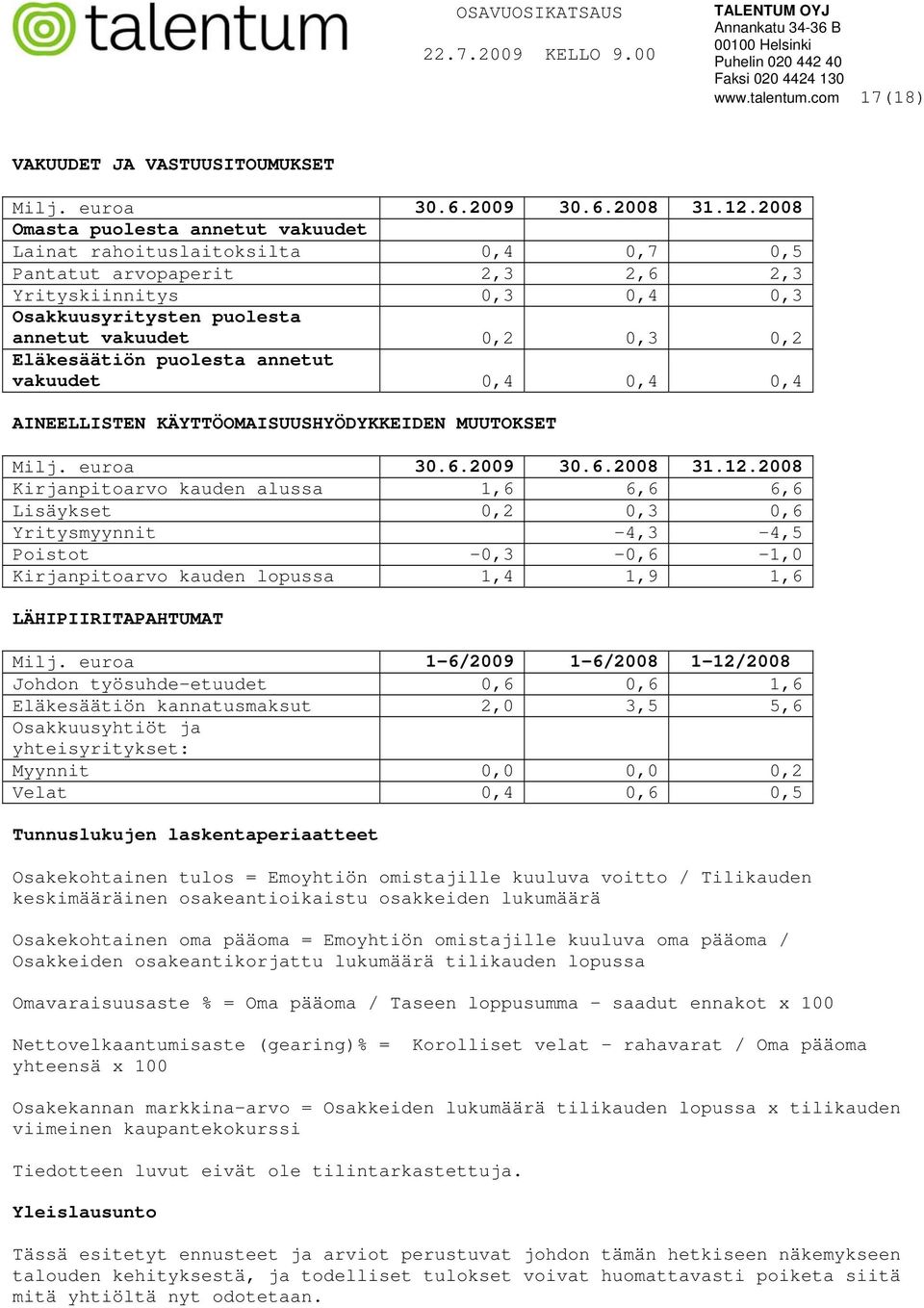 Eläkesäätiön puolesta annetut vakuudet 0,4 0,4 0,4 AINEELLISTEN KÄYTTÖOMAISUUSHYÖDYKKEIDEN MUUTOKSET Milj. euroa 30.6.2009 30.6. 31.12.