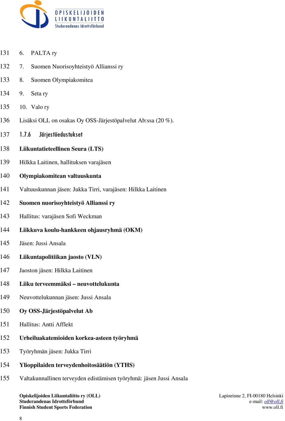 6 Järjestöedustukset Liikuntatieteellinen Seura (LTS) Hilkka Laitinen, hallituksen varajäsen Olympiakomitean valtuuskunta Valtuuskunnan jäsen: Jukka Tirri, varajäsen: Hilkka Laitinen Suomen