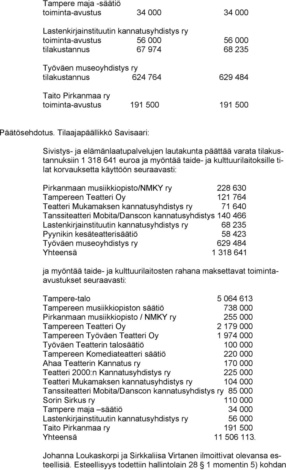 Tilaajapäällikkö Savisaari: Sivistys ja elämänlaatupalvelujen lautakunta päättää varata tilakustannuksiin 1 318 641 euroa ja myöntää taide ja kulttuurilaitoksille tilat korvauksetta käyttöön