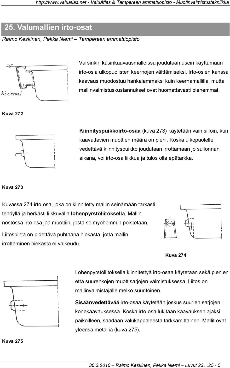 Kuva 272 Kiinnityspuikkoirto-osaa (kuva 273) käytetään vain silloin, kun kaavattavien muottien määrä on pieni.