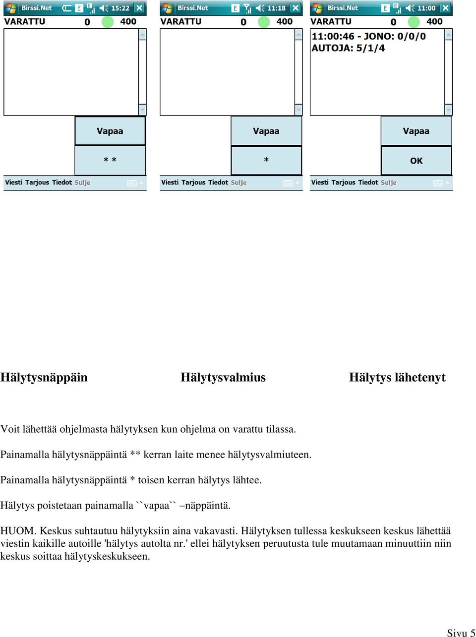 Hälytys poistetaan painamalla ``vapaa`` näppäintä. HUOM. Keskus suhtautuu hälytyksiin aina vakavasti.