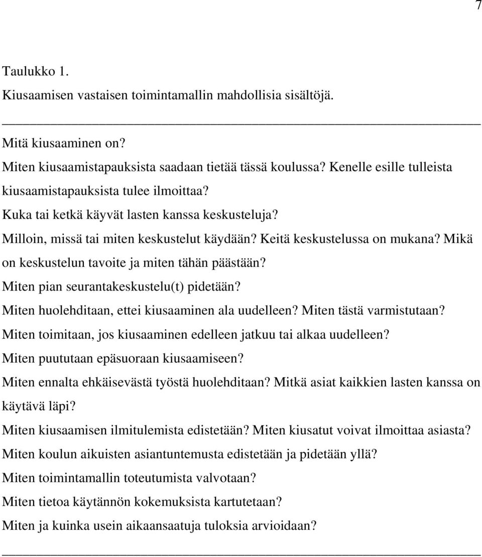 Mikä on keskustelun tavoite ja miten tähän päästään? Miten pian seurantakeskustelu(t) pidetään? Miten huolehditaan, ettei kiusaaminen ala uudelleen? Miten tästä varmistutaan?