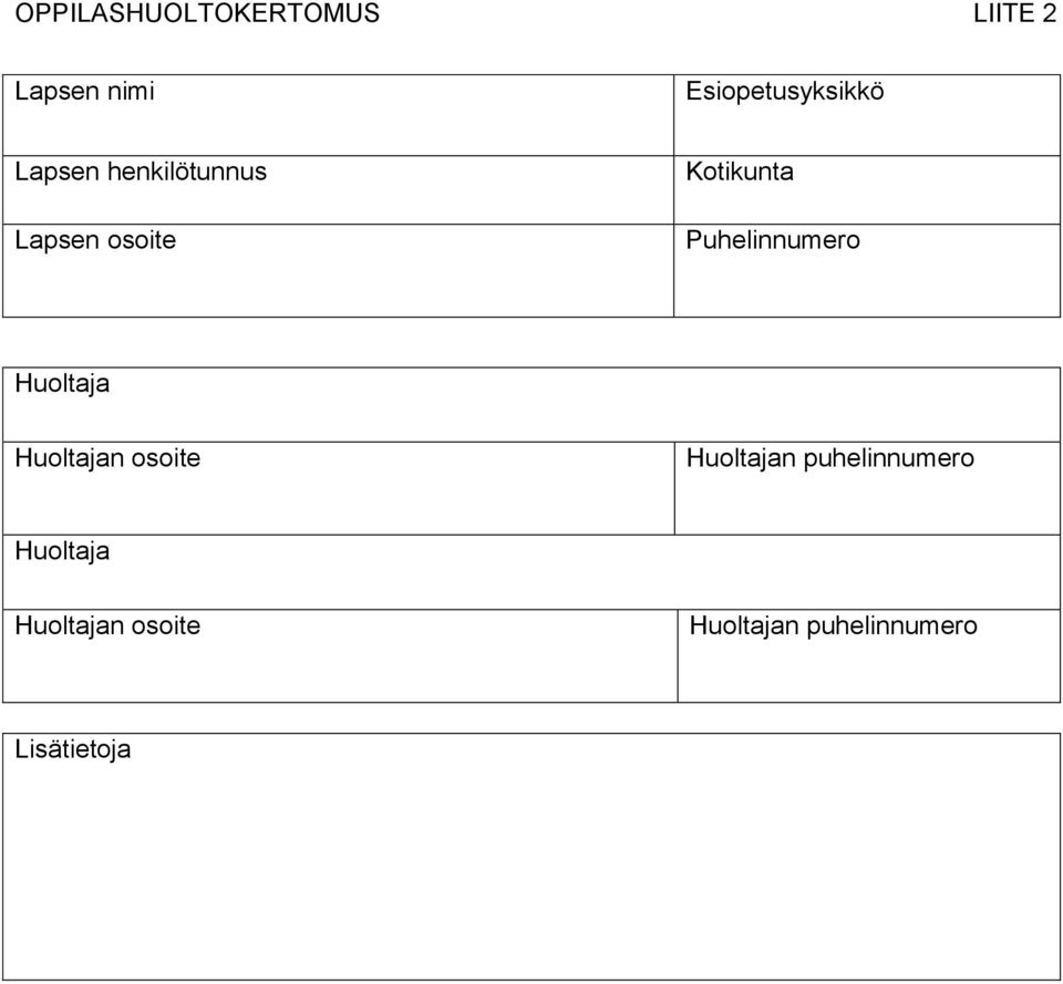 Kotikunta Puhelinnumero Huoltaja Huoltajan osoite