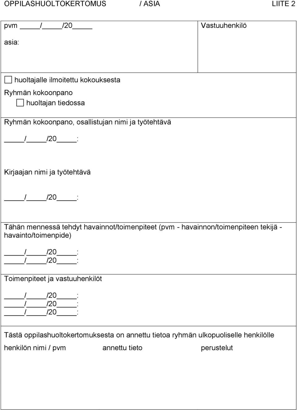 havainnot/toimenpiteet (pvm - havainnon/toimenpiteen tekijä - havainto/toimenpide) / /20 : / /20 : Toimenpiteet ja vastuuhenkilöt /