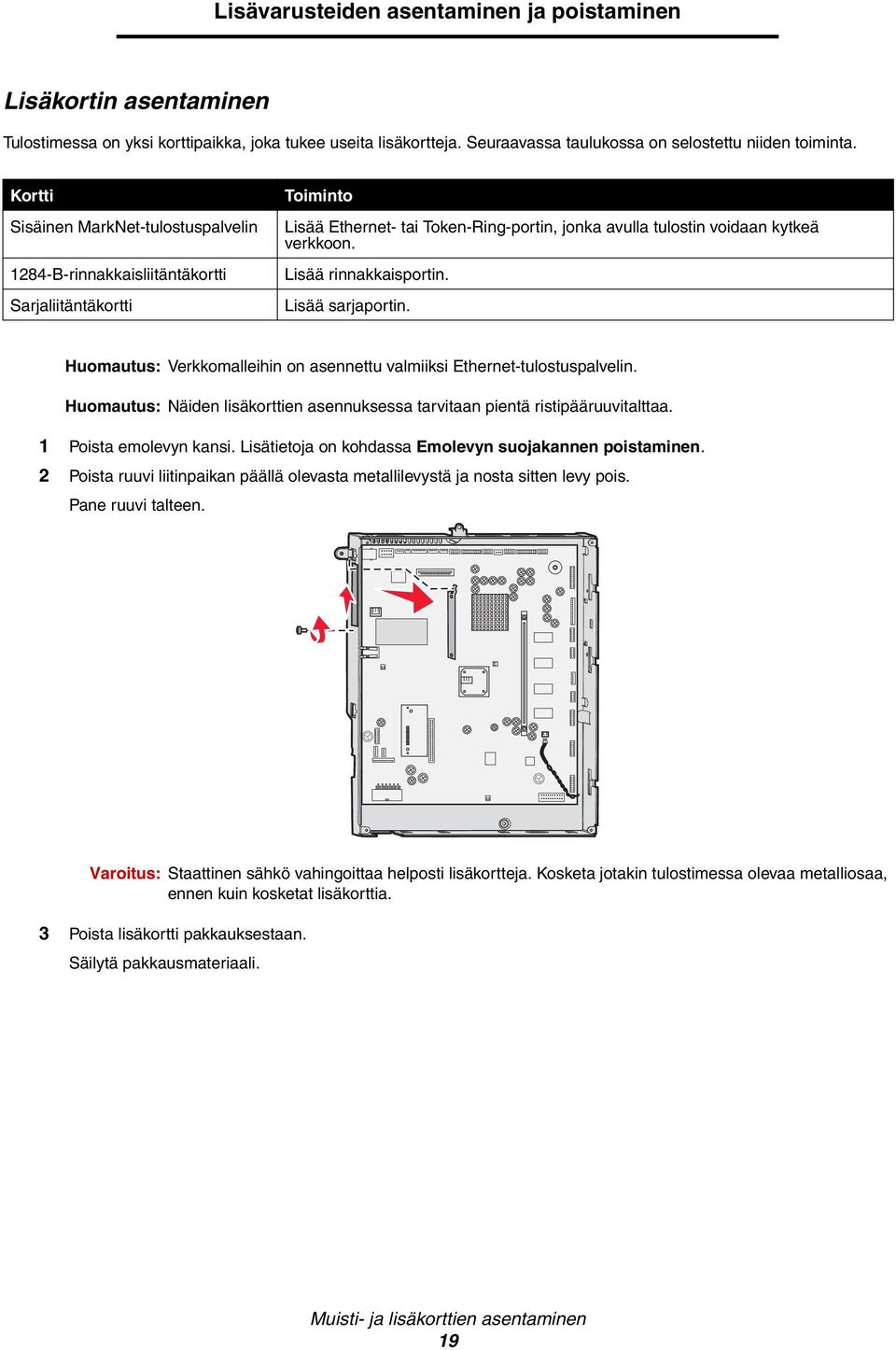 Lisää rinnakkaisportin. Lisää sarjaportin. Huomautus: Verkkomalleihin on asennettu valmiiksi Ethernet-tulostuspalvelin.