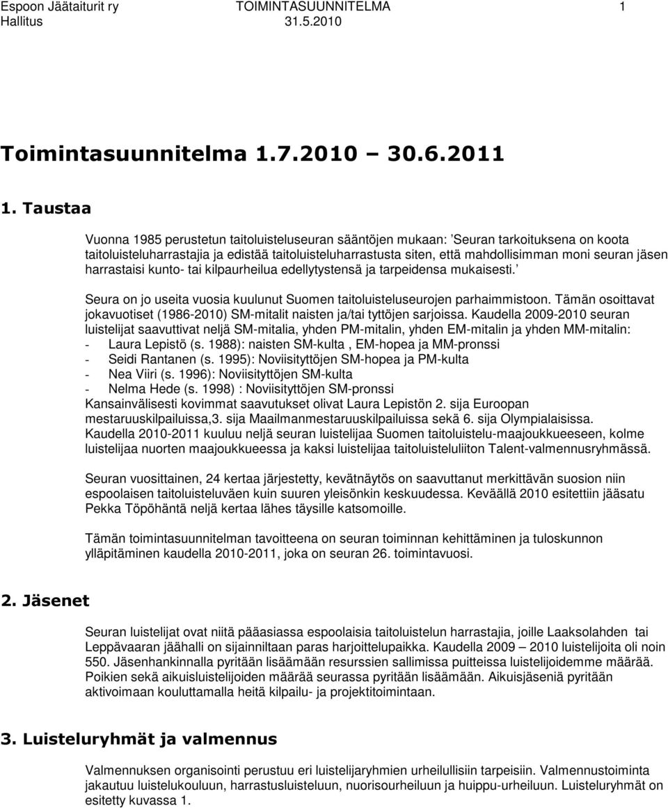 jäsen harrastaisi kunto- tai kilpaurheilua edellytystensä ja tarpeidensa mukaisesti. Seura on jo useita vuosia kuulunut Suomen taitoluisteluseurojen parhaimmistoon.