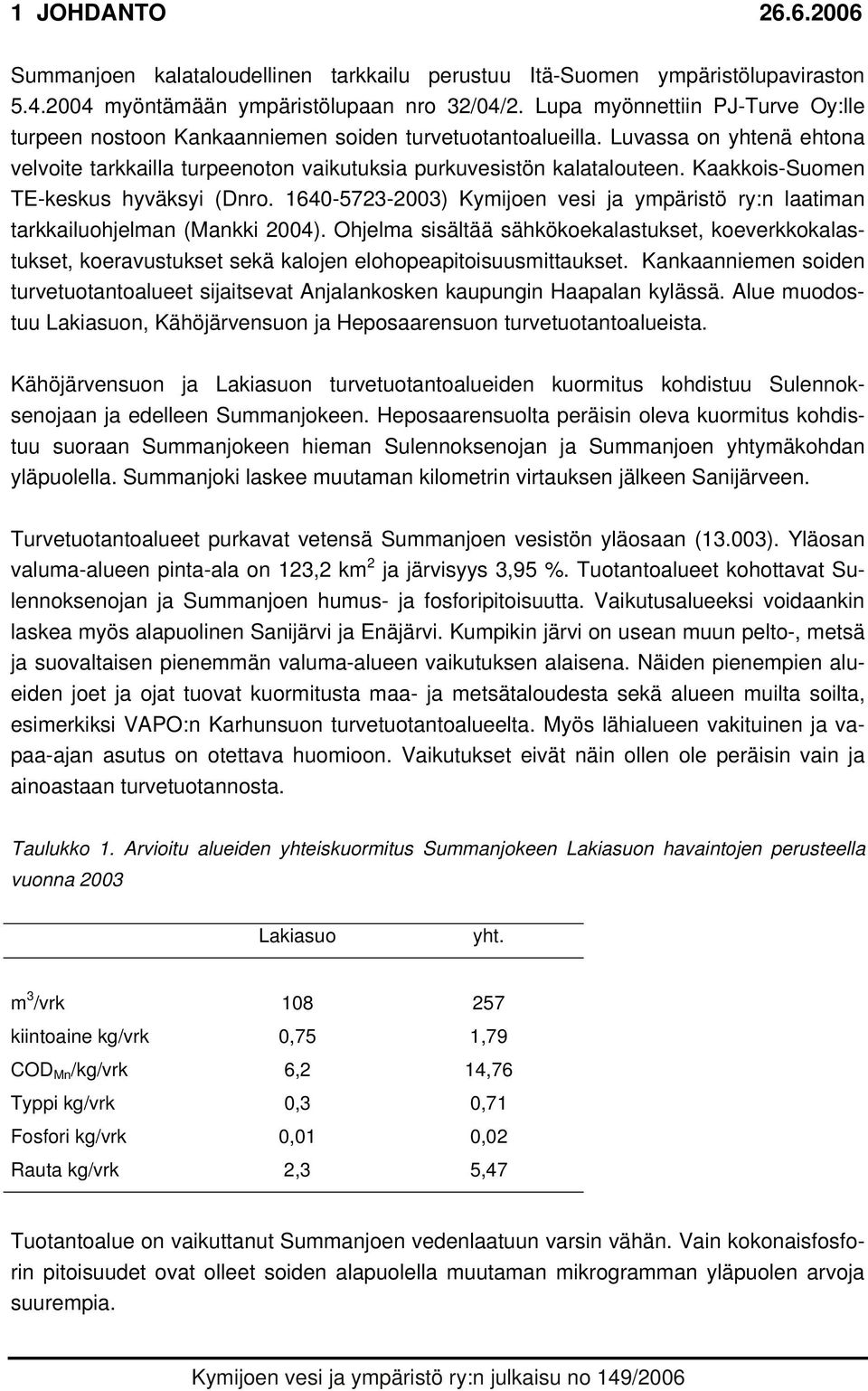 Kaakkois-Suomen TE-keskus hyväksyi (Dnro. 1640-5723-2003) Kymijoen vesi ja ympäristö ry:n laatiman tarkkailuohjelman (Mankki 2004).