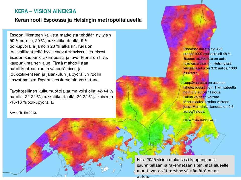 Tämä mahdollistaa autoliikenteen roolin vähentämisen ja joukkoliikenteen ja jalankulun ja pyöräilyn roolin kasvattamisen Espoon keskiarvoihin verrattuna.