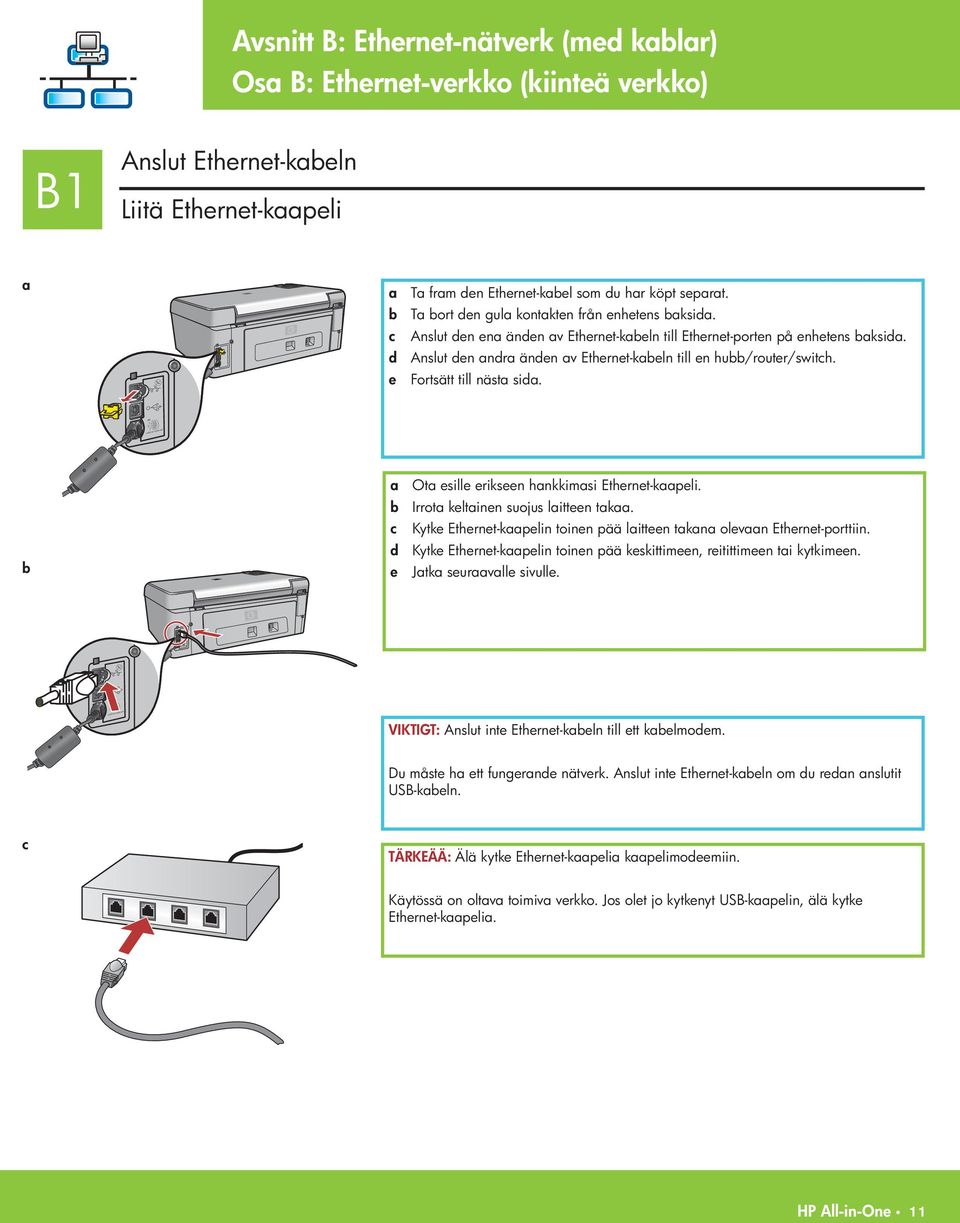 e Fortsätt till näst sid. b Ot esille erikseen hnkkimsi Ethernet-kpeli. b Irrot keltinen suojus litteen tk. Kytke Ethernet-kpelin toinen pää litteen tkn olevn Ethernet-porttiin.