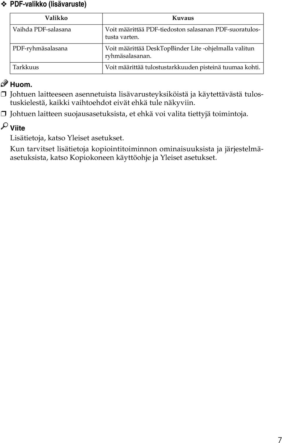 Johtuen laitteeseen asennetuista lisävarusteyksiköistä ja käytettävästä tulostuskielestä, kaikki vaihtoehdot eivät ehkä tule näkyviin.