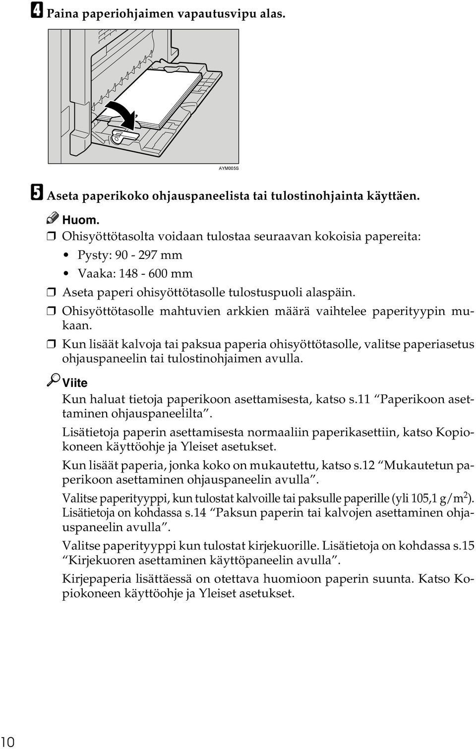 Ohisyöttötasolle mahtuvien arkkien määrä vaihtelee paperityypin mukaan. Kun lisäät kalvoja tai paksua paperia ohisyöttötasolle, valitse paperiasetus ohjauspaneelin tai tulostinohjaimen avulla.