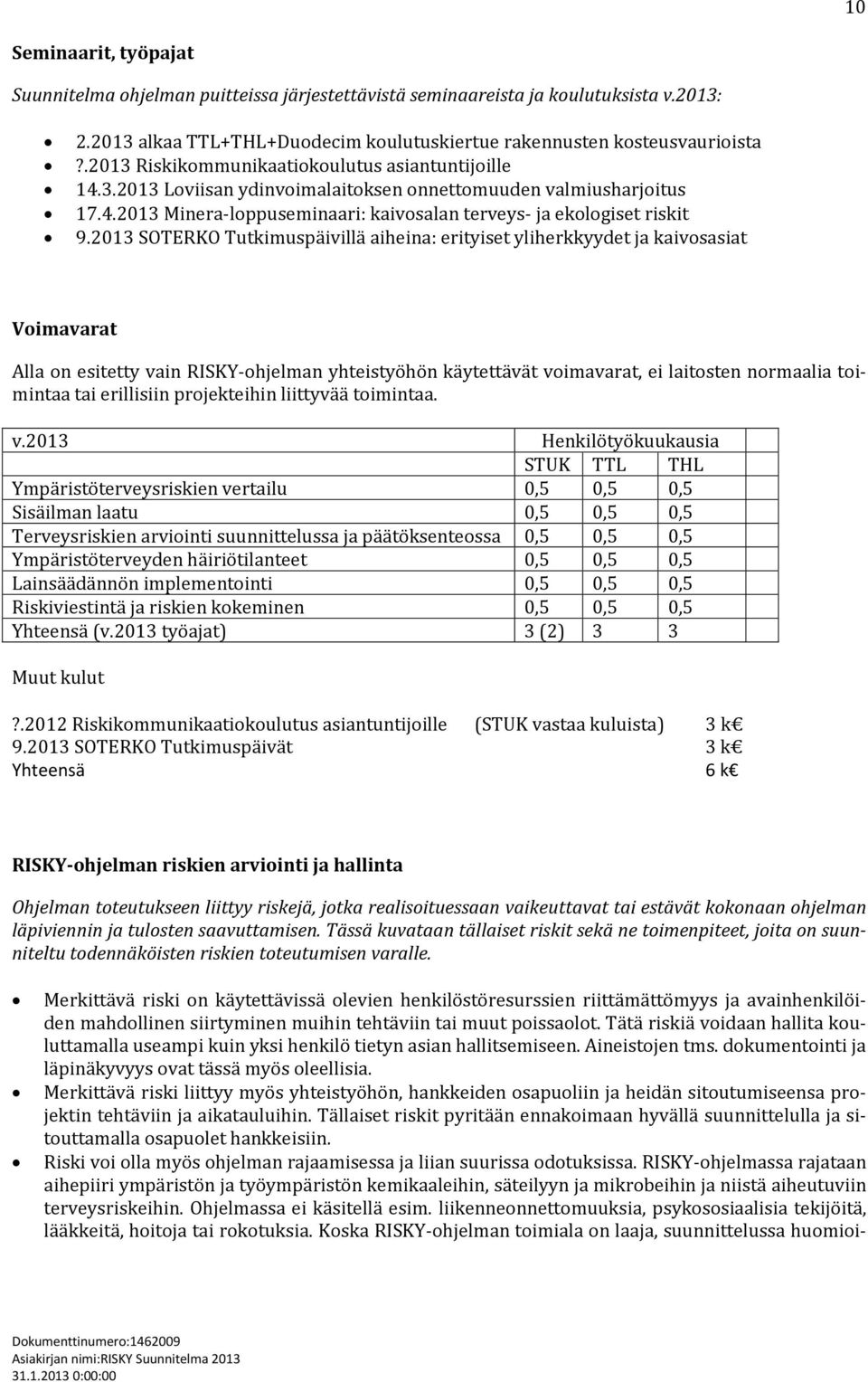 2013 SOTERKO Tutkimuspäivillä aiheina: erityiset yliherkkyydet ja kaivosasiat Voimavarat Alla on esitetty vain RISKY-ohjelman yhteistyöhön käytettävät voimavarat, ei laitosten normaalia toimintaa tai