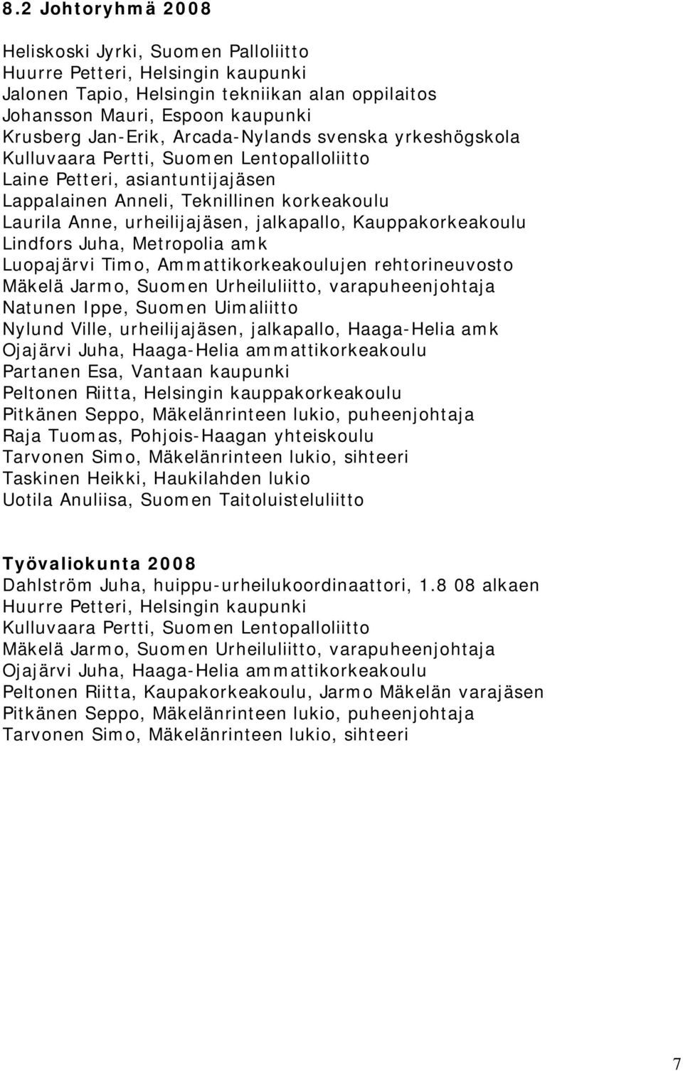 Kauppakorkeakoulu Lindfors Juha, Metropolia amk Luopajärvi Timo, Ammattikorkeakoulujen rehtorineuvosto Mäkelä Jarmo, Suomen Urheiluliitto, varapuheenjohtaja Natunen Ippe, Suomen Uimaliitto Nylund