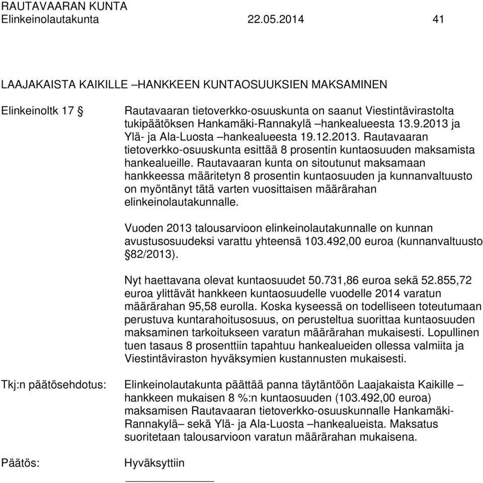 2013 ja Ylä- ja Ala-Luosta hankealueesta 19.12.2013. Rautavaaran tietoverkko-osuuskunta esittää 8 prosentin kuntaosuuden maksamista hankealueille.