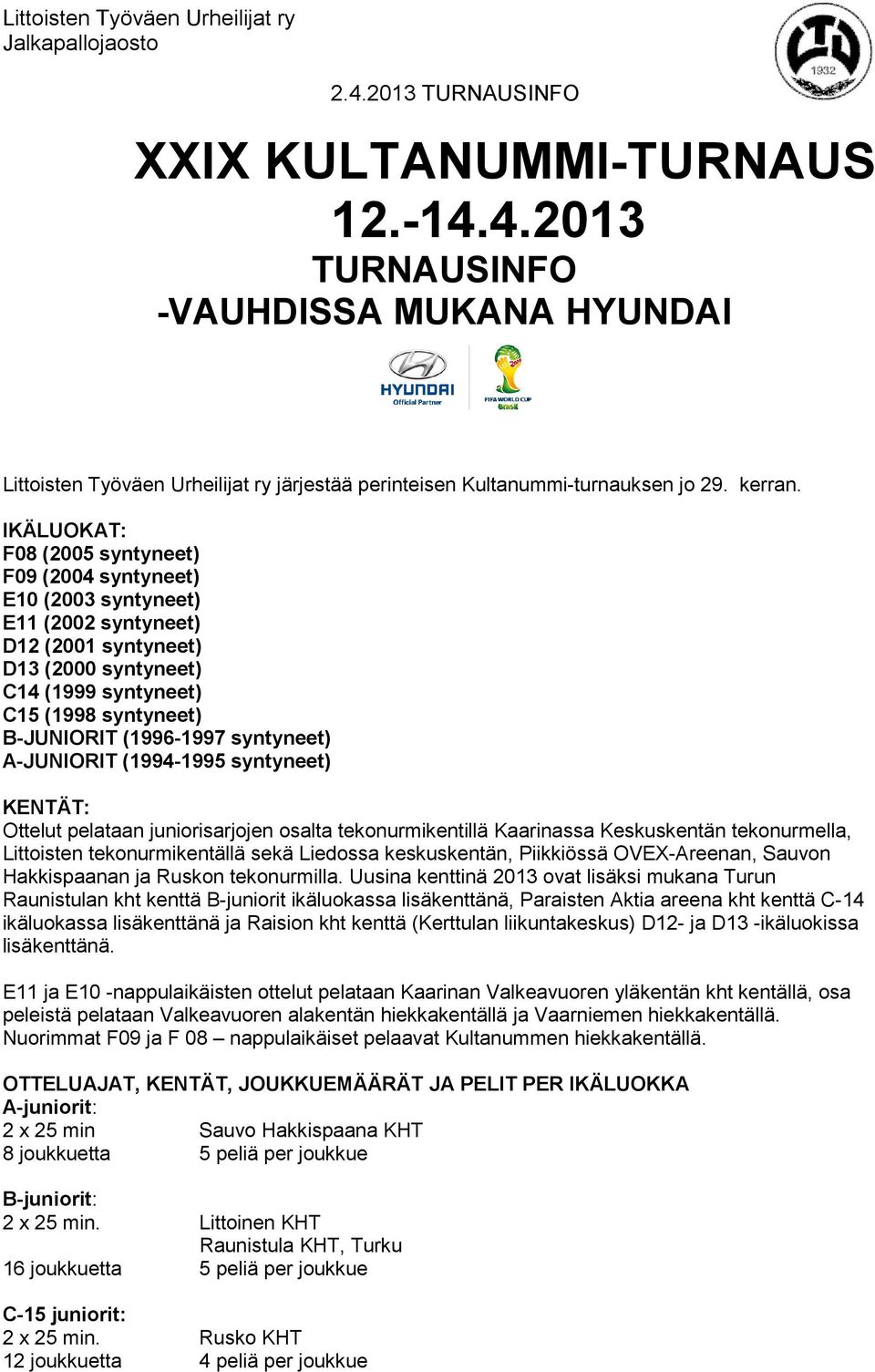 (1996-1997 syntyneet) A-JUNIORIT (1994-1995 syntyneet) KENTÄT: Ottelut pelataan juniorisarjojen osalta tekonurmikentillä Kaarinassa Keskuskentän tekonurmella, Littoisten tekonurmikentällä sekä