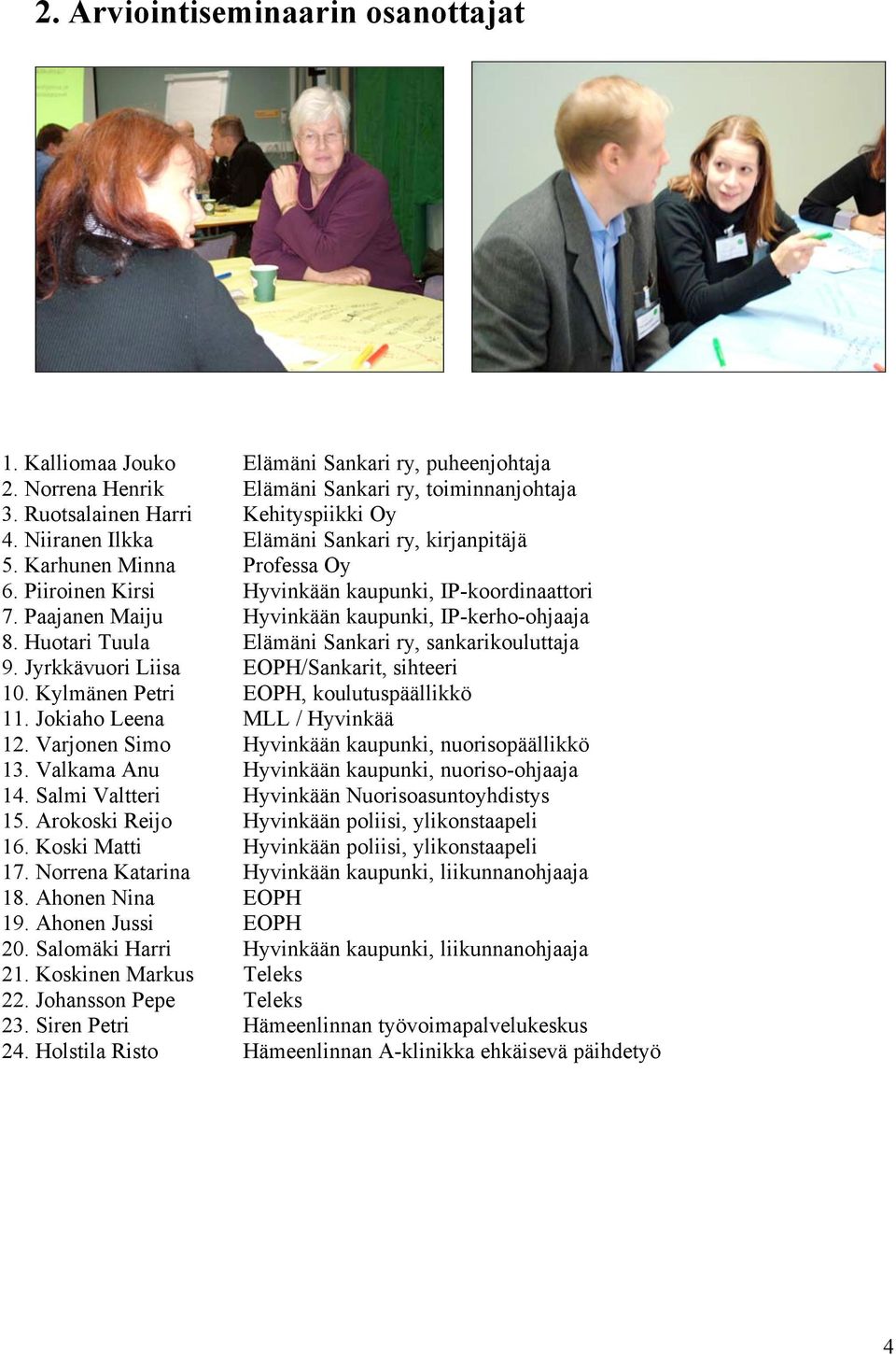 Huotari Tuula Elämäni Sankari ry, sankarikouluttaja 9. Jyrkkävuori Liisa EOPH/Sankarit, sihteeri 10. Kylmänen Petri EOPH, koulutuspäällikkö 11. Jokiaho Leena MLL / Hyvinkää 12.