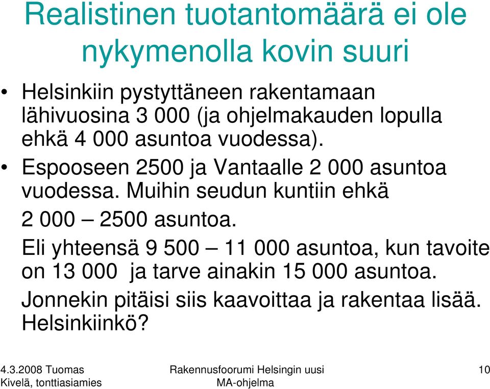 Espooseen 2500 ja Vantaalle 2 000 asuntoa vuodessa. Muihin seudun kuntiin ehkä 2 000 2500 asuntoa.
