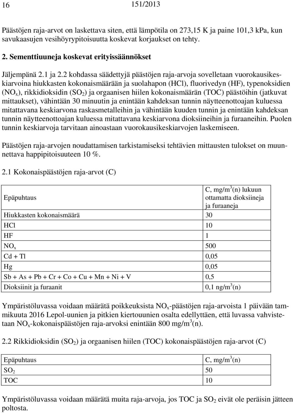 2 kohdassa säädettyjä päästöjen raja-arvoja sovelletaan vuorokausikeskiarvoina hiukkasten kokonaismäärään ja suolahapon (HCl), fluorivedyn (HF), typenoksidien (NO x ), rikkidioksidin (SO 2 ) ja