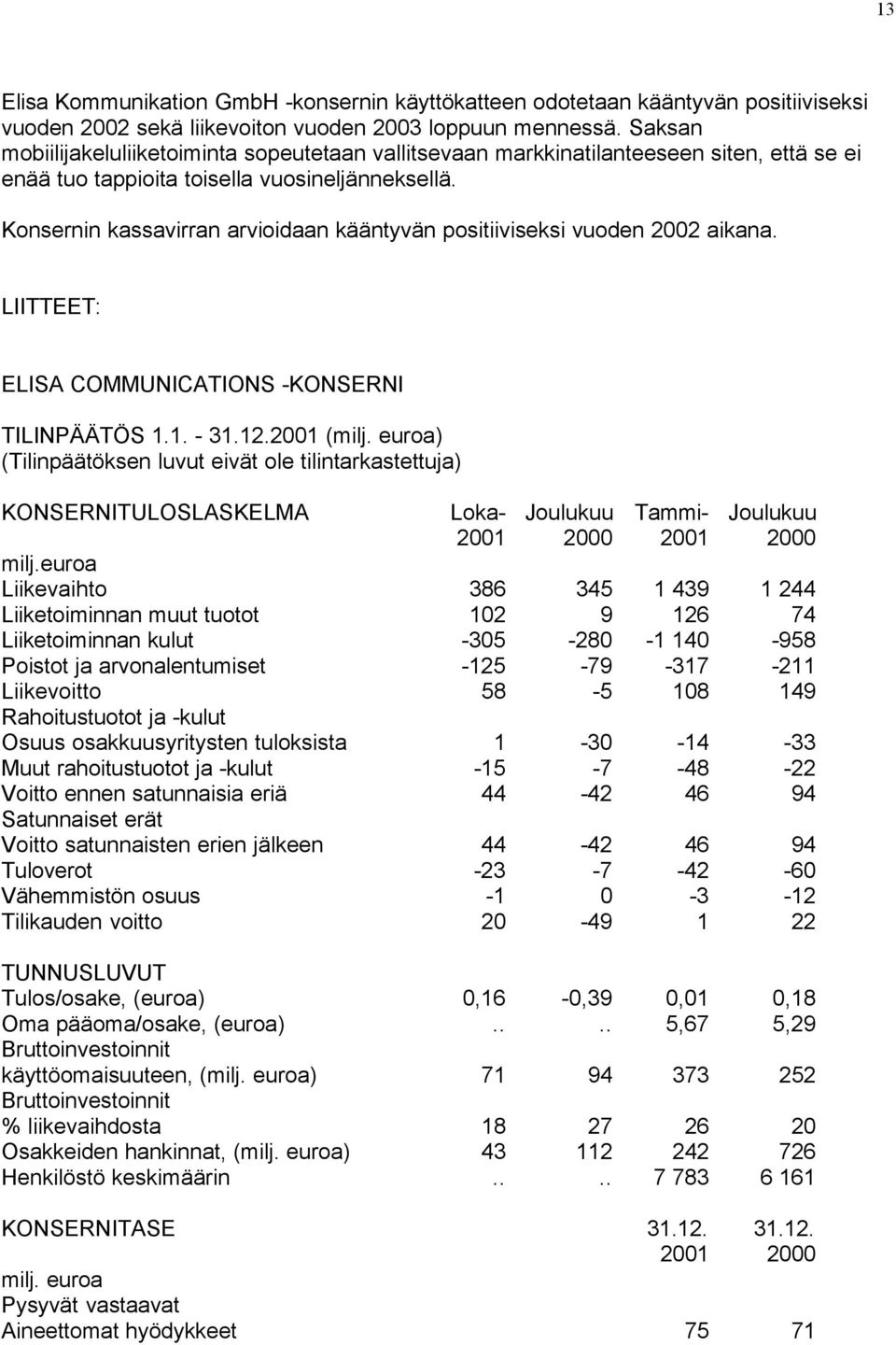 Konsernin kassavirran arvioidaan kääntyvän positiiviseksi vuoden 2002 aikana. LIITTEET: ELISA COMMUNICATIONS -KONSERNI TILINPÄÄTÖS 1.1. - 31.12.2001 (milj.