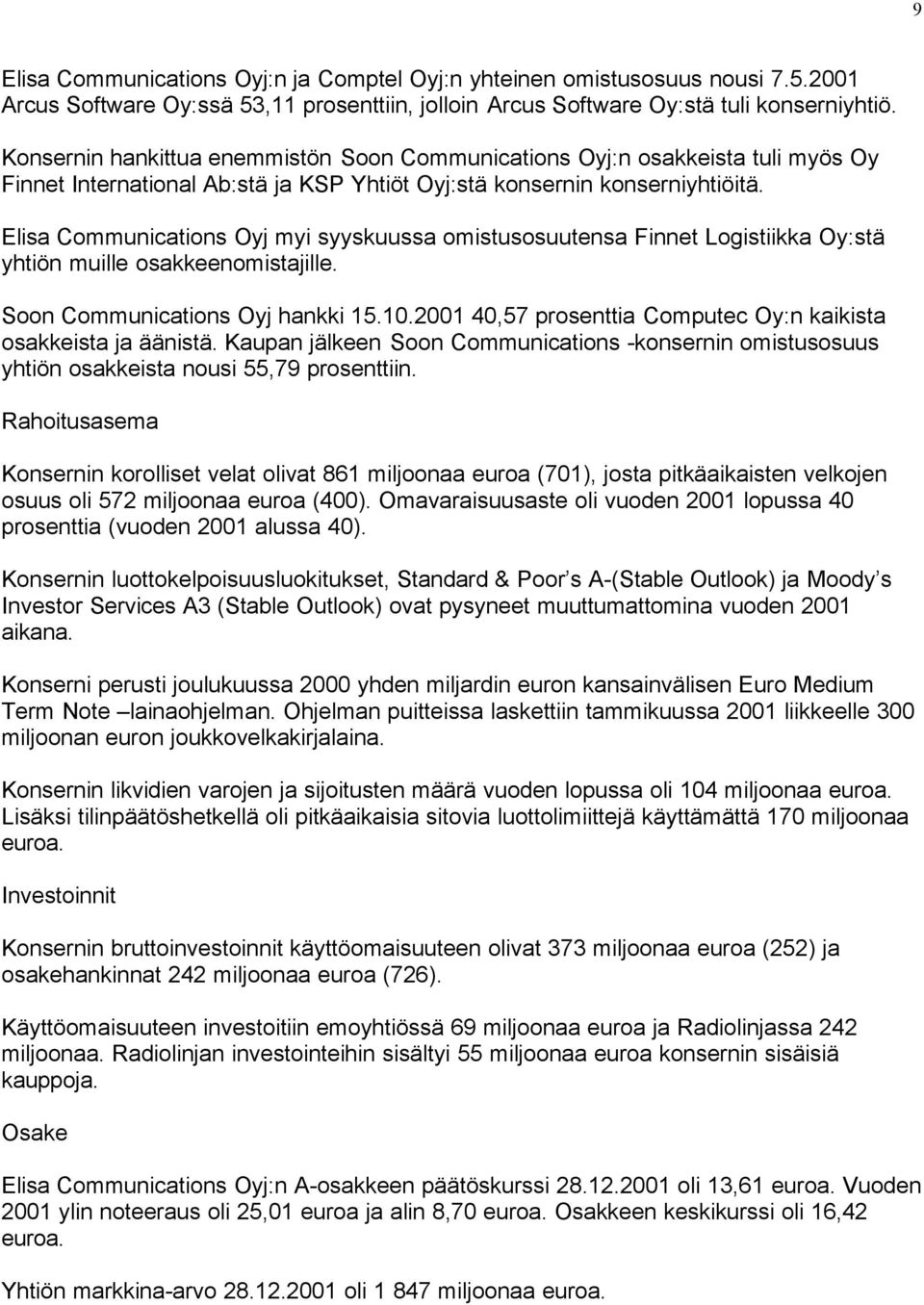 Elisa Communications Oyj myi syyskuussa omistusosuutensa Finnet Logistiikka Oy:stä yhtiön muille osakkeenomistajille. Soon Communications Oyj hankki 15.10.