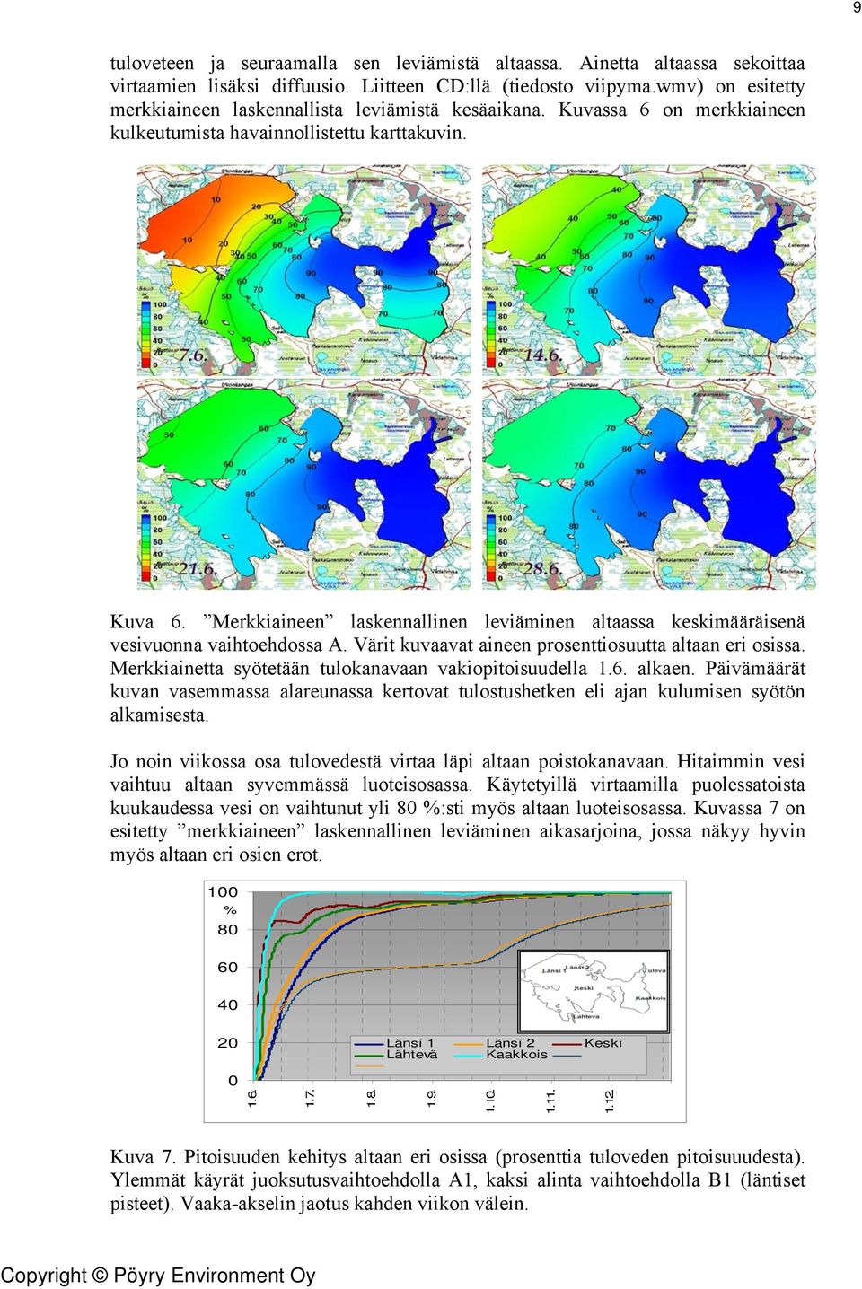 Merkkiaineen laskennallinen leviäminen altaassa keskimääräisenä vesivuonna vaihtoehdossa A. Värit kuvaavat aineen prosenttiosuutta altaan eri osissa.