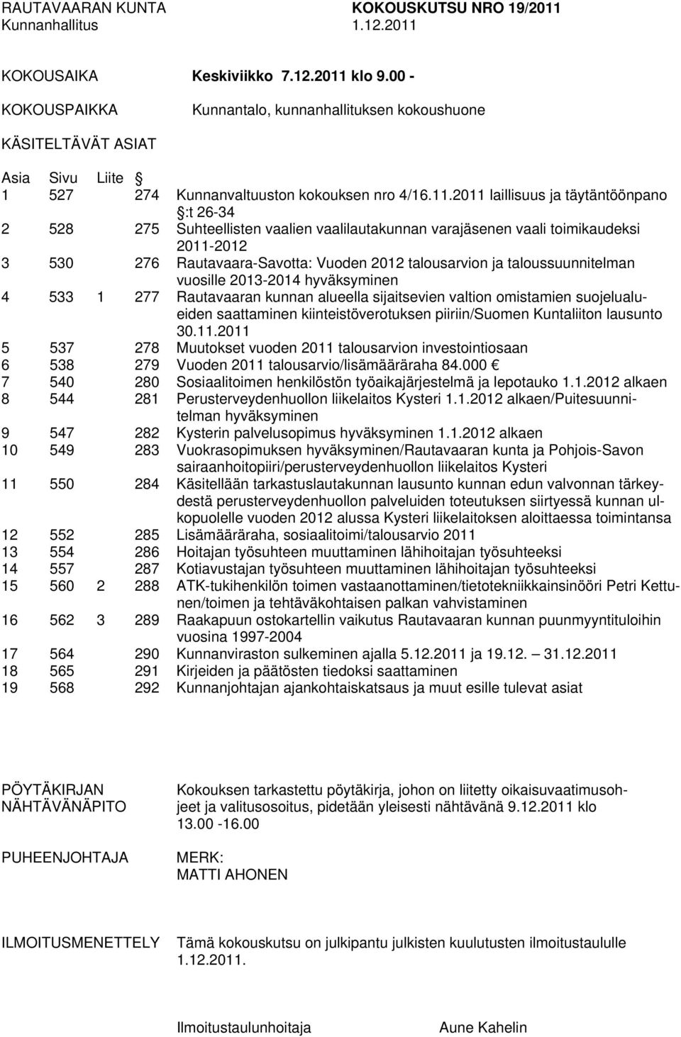 2011 laillisuus ja täytäntöönpano :t 26-34 2 528 275 Suhteellisten vaalien vaalilautakunnan varajäsenen vaali toimikaudeksi 2011-2012 3 530 276 Rautavaara-Savotta: Vuoden 2012 talousarvion ja