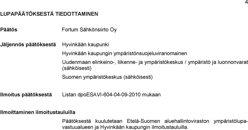 Suomen ympäristökeskus (sähköisesti) Ilmoitus päätöksestä Listan dpoesavi-604-04-09-2010 mukaan Ilmoittaminen