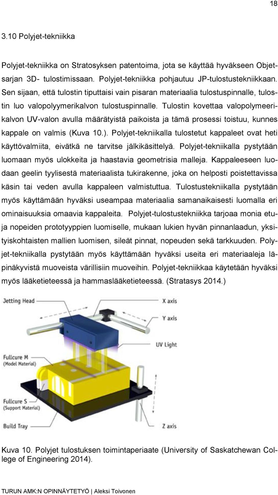 Tulostin kovettaa valopolymeerikalvon UV-valon avulla määrätyistä paikoista ja tämä prosessi toistuu, kunnes kappale on valmis (Kuva 10.).