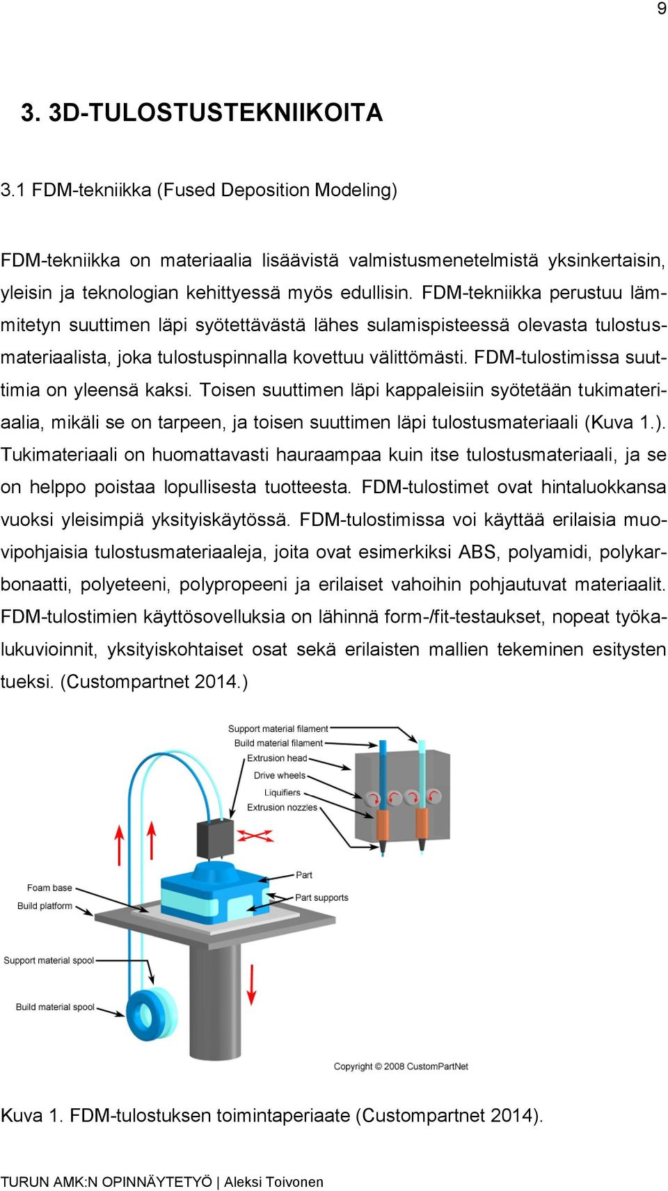 FDM-tekniikka perustuu lämmitetyn suuttimen läpi syötettävästä lähes sulamispisteessä olevasta tulostusmateriaalista, joka tulostuspinnalla kovettuu välittömästi.