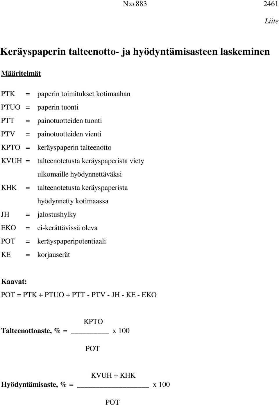 hyödynnettäväksi KHK = talteenotetusta keräyspaperista hyödynnetty kotimaassa JH = jalostushylky EKO = ei-kerättävissä oleva POT =