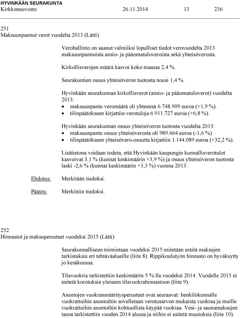 Kirkollisverojen määrä kasvoi koko maassa 2,4 %. Seurakuntien osuus yhteisöveron tuotosta nousi 1,4 %.