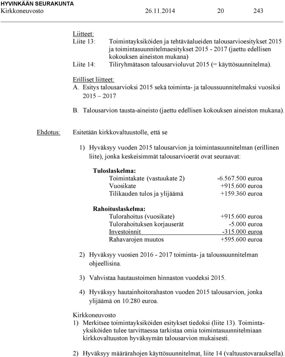 Tiliryhmätason talousarvioluvut 2015 (= käyttösuunnitelma). Erilliset liitteet: A. Esitys talousarvioksi 2015 sekä toiminta- ja taloussuunnitelmaksi vuosiksi 2015 2017 B.
