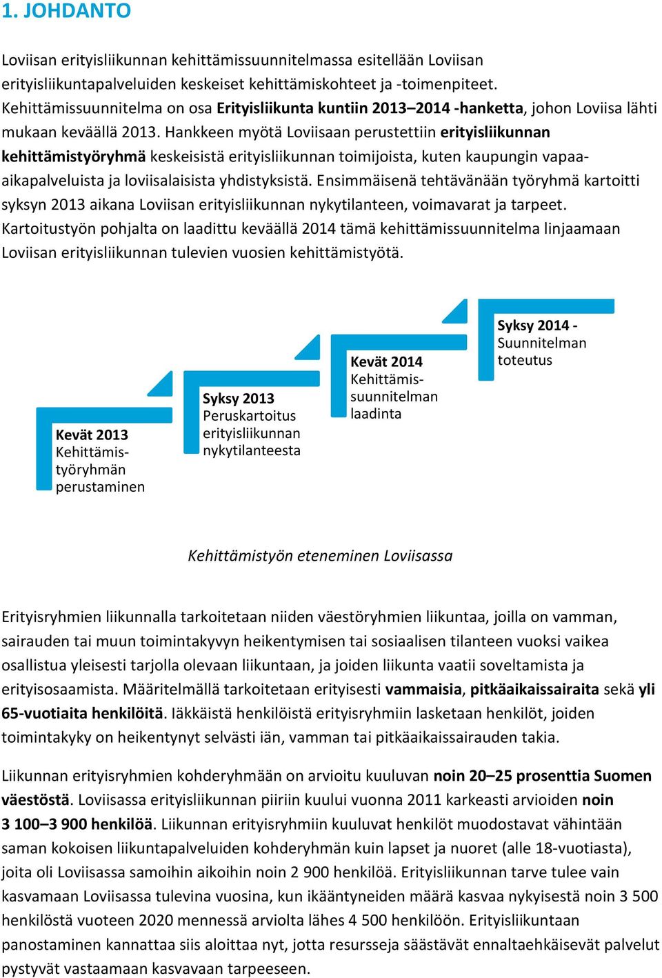 Hankkeen myötä Loviisaan perustettiin erityisliikunnan kehittämistyöryhmä keskeisistä erityisliikunnan toimijoista, kuten kaupungin vapaaaikapalveluista ja loviisalaisista yhdistyksistä.