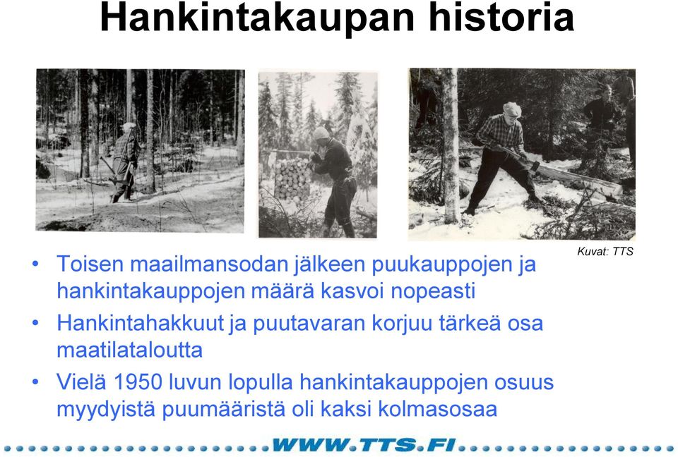 puutavaran korjuu tärkeä osa maatilataloutta Vielä 1950 luvun