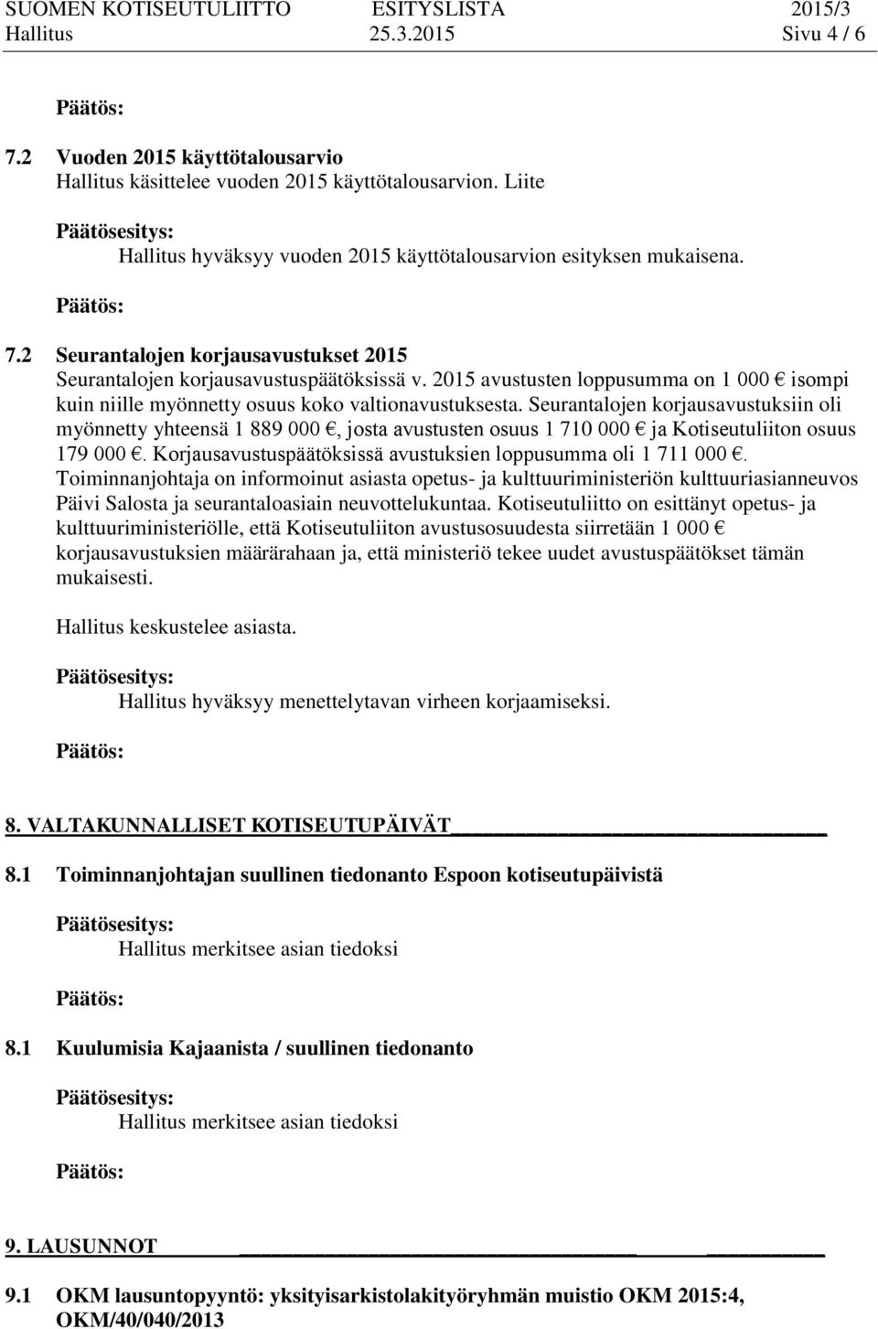 Seurantalojen korjausavustuksiin oli myönnetty yhteensä 1 889 000, josta avustusten osuus 1 710 000 ja Kotiseutuliiton osuus 179 000. Korjausavustuspäätöksissä avustuksien loppusumma oli 1 711 000.