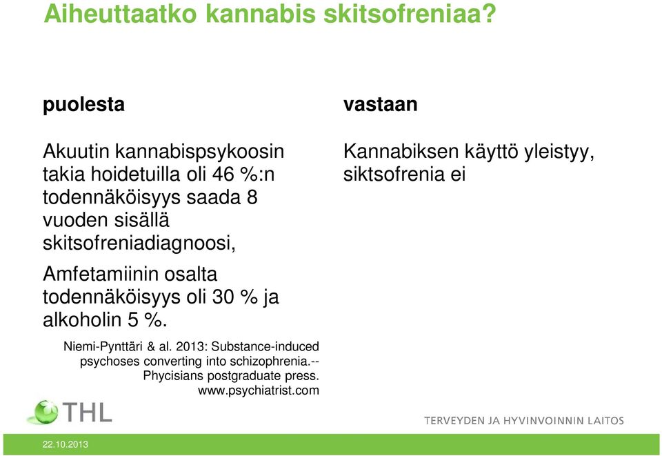 skitsofreniadiagnoosi, Amfetamiinin osalta todennäköisyys oli 30 % ja alkoholin 5 %.