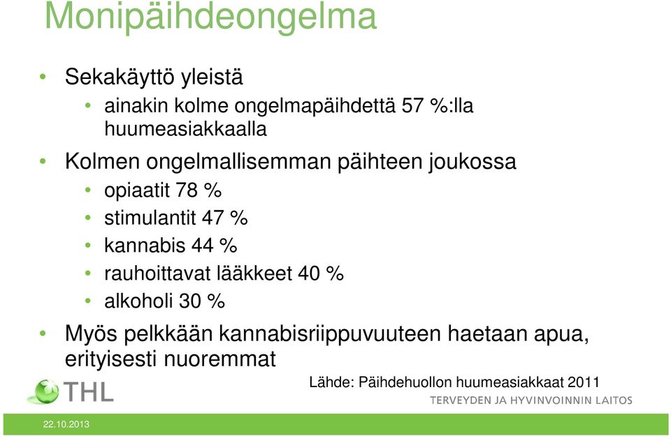 stimulantit 47 % kannabis 44 % rauhoittavat lääkkeet 40 % alkoholi 30 % Myös