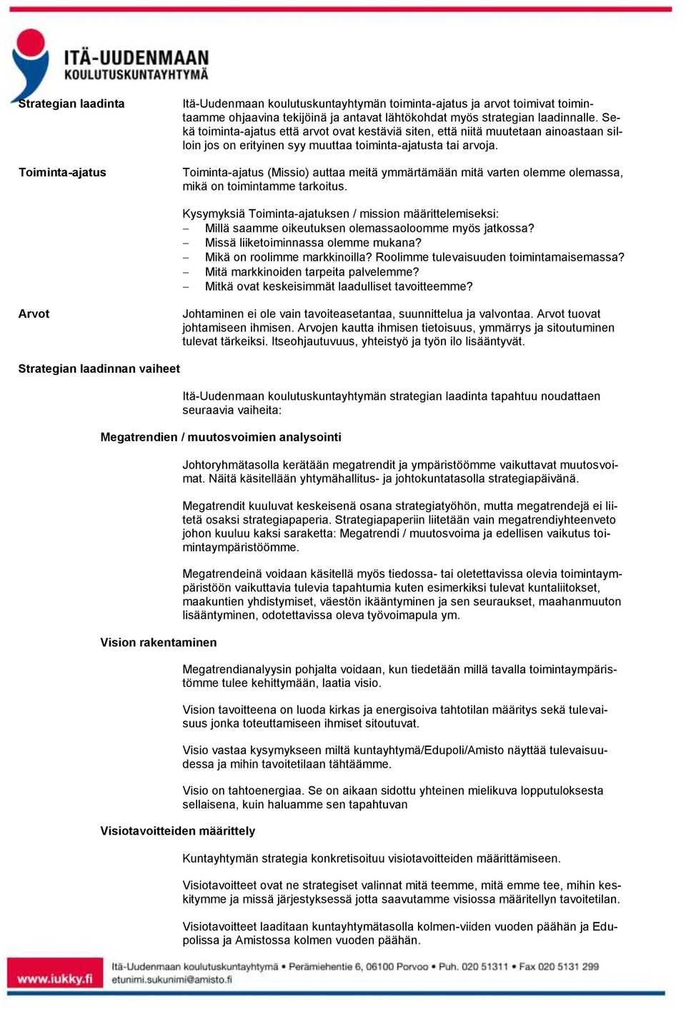 Toiminta-ajatus (Missio) auttaa meitä ymmärtämään mitä varten olemme olemassa, mikä on toimintamme tarkoitus.