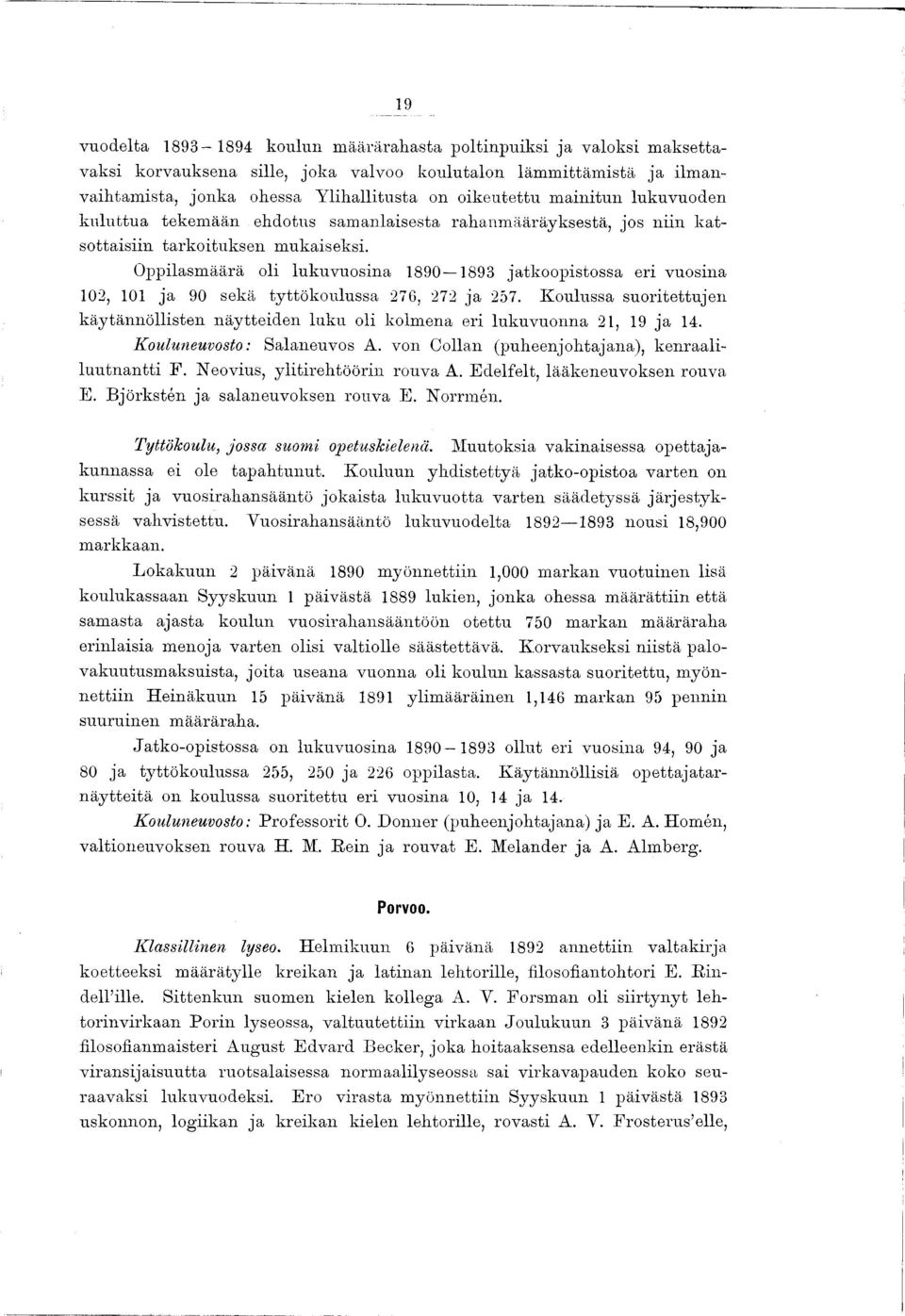 Oppilasmäärä oli lukuvuosina 1890 1893 jatkoopistossa eri vuosina 102, 101 ja 90 sekä tyttökoulussa 276, 272 ja 257.