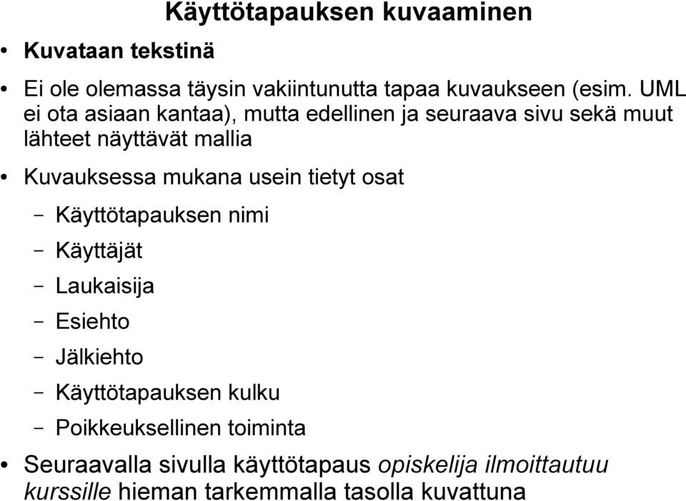 mukana usein tietyt osat Käyttötapauksen nimi Käyttäjät Laukaisija Esiehto Jälkiehto Käyttötapauksen kulku