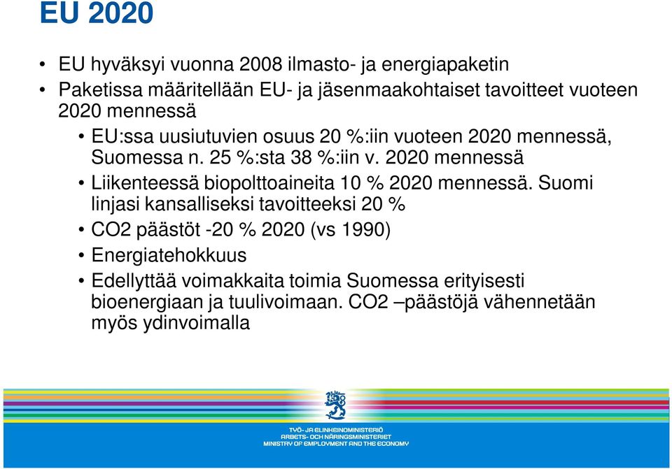 2020 mennessä Liikenteessä biopolttoaineita 10 % 2020 mennessä.