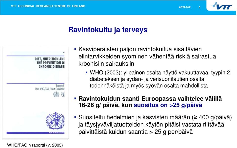 osalta mahdollista Ravintokuidun saanti Euroopassa vaihtelee välillä 16-26 g/ päivä, kun suositus on >25 g/päivä Suositeltu hedelmien ja kasvisten