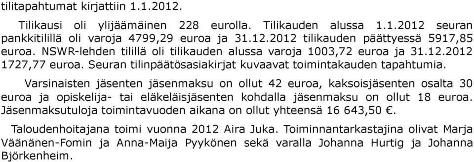 Varsinaisten jäsenten jäsenmaksu on ollut 42 euroa, kaksoisjäsenten osalta 30 euroa ja opiskelija- tai eläkeläisjäsenten kohdalla jäsenmaksu on ollut 18 euroa.