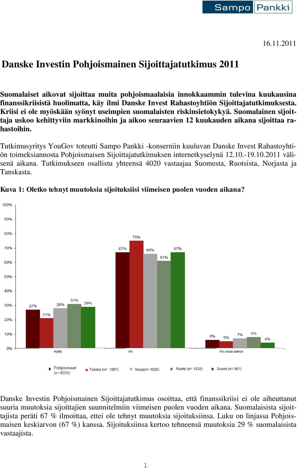 Rahastoyhtiön Sijoittajatutkimuksesta. Kriisi ei ole myöskään syönyt useimpien suomalaisten riskinsietokykyä.