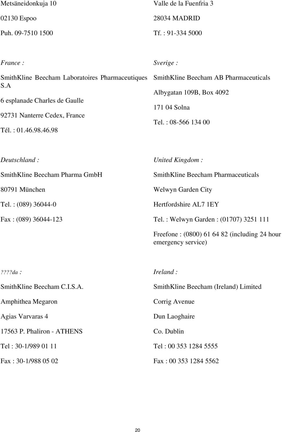 : 08-566 134 00 Deutschland : SmithKline Beecham Pharma GmbH 80791 München Tel.