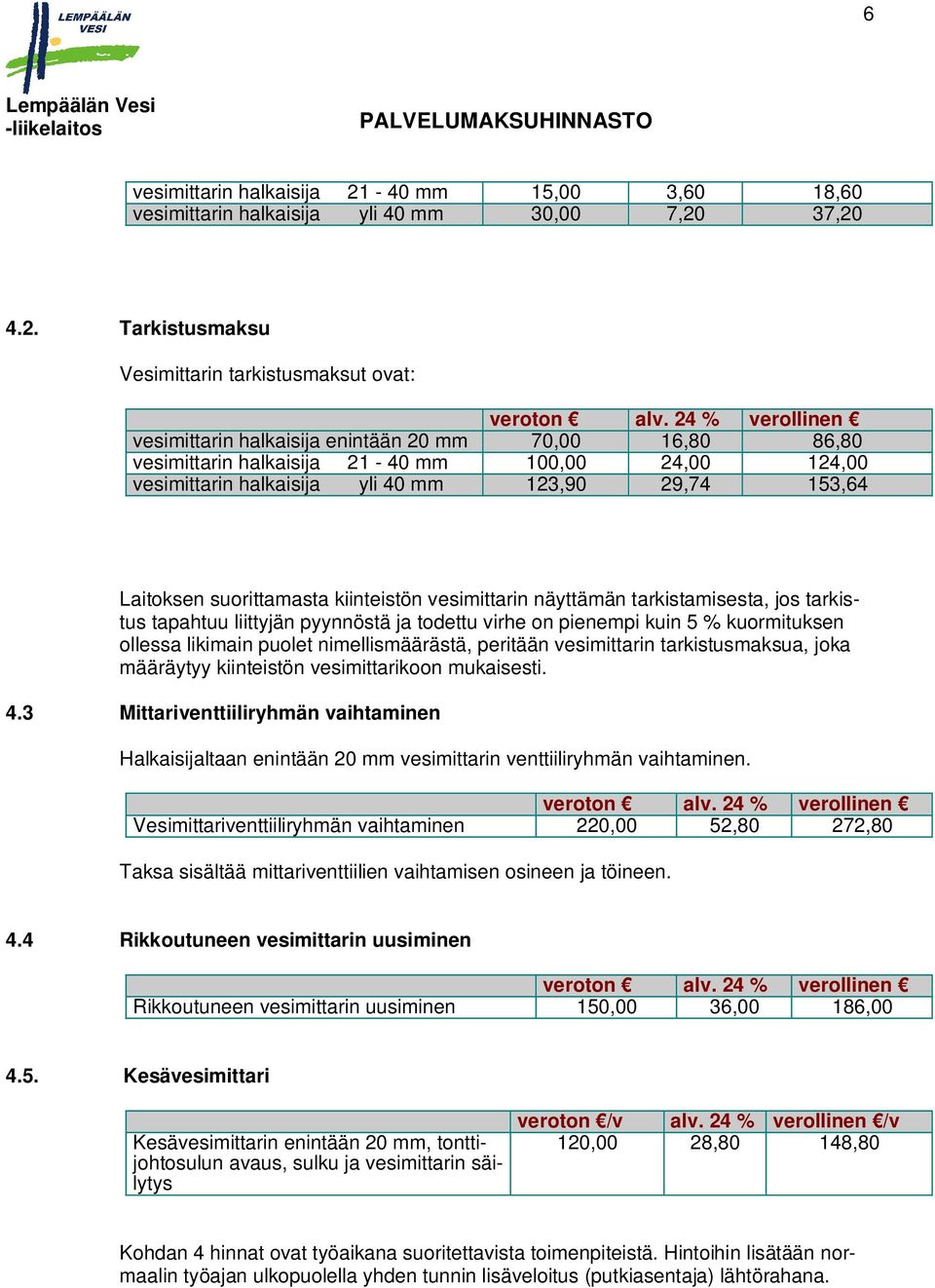 37,20 4.2. Tarkistusmaksu Vesimittarin tarkistusmaksut ovat: vesimittarin halkaisija enintään 20 mm 70,00 16,80 86,80 vesimittarin halkaisija 21-40 mm 100,00 24,00 124,00 vesimittarin halkaisija yli